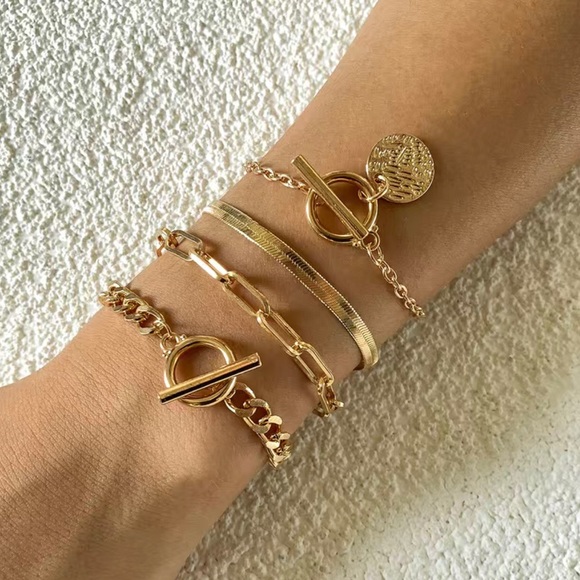 Stacked bracelet set, gold tone. - Picture 3 of 5